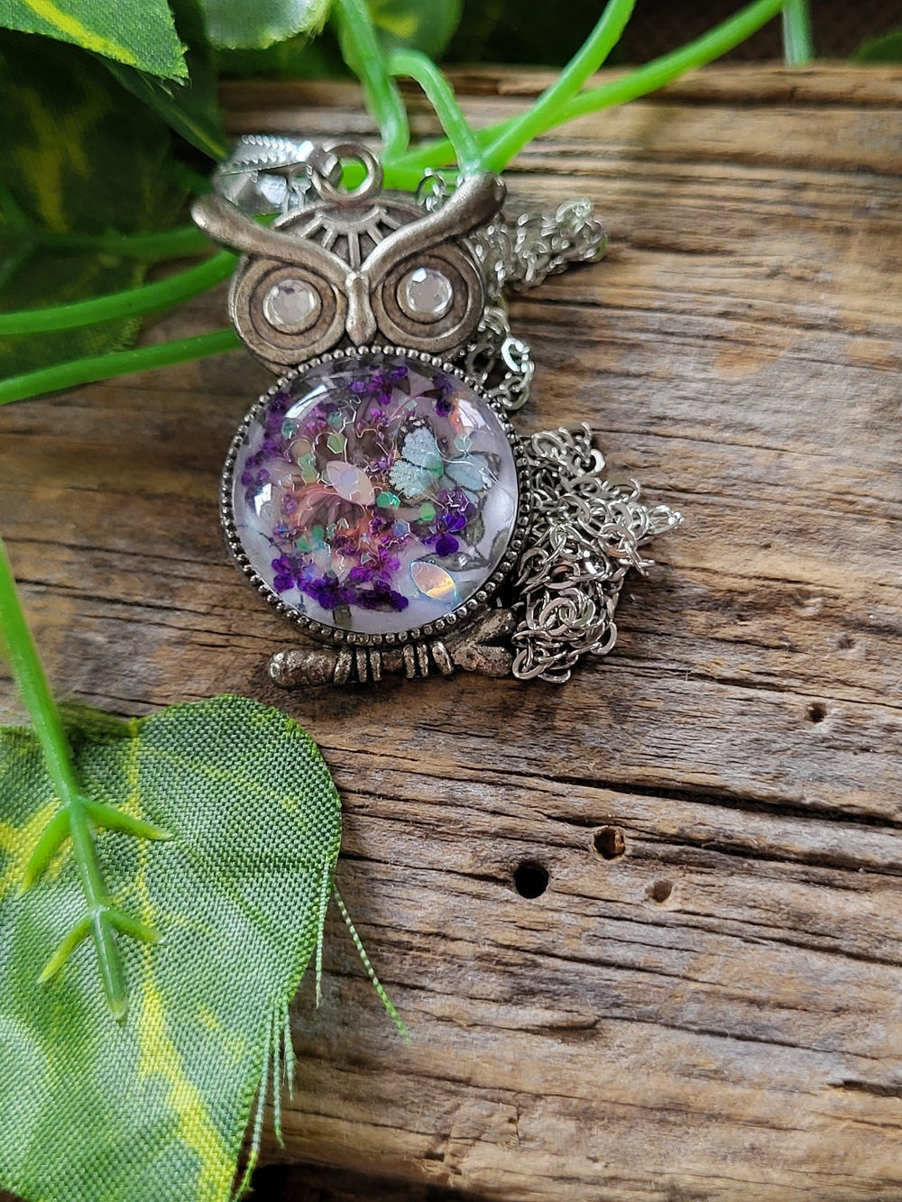 Owl  Necklace with Purple  Floral Under Glass